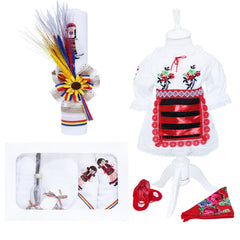 Set complet traditional pentru botez compus din 13 piese, costum popular, lumanare cu tarancuta si trusou brodat cu tarancuta format din 7 piese, REC1599