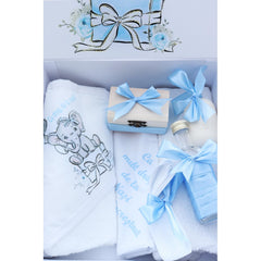 Set cutie trusou cu lumanare, 9 piese, Elefant "Cu drag de la nasi", bleu deschis, Recostore, REC2404