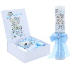 Set cutie trusou cu lumanare, 9 piese, Elefant "Cu drag de la nasi", bleu deschis, Recostore, REC2404