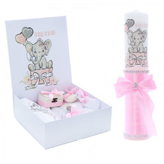 Set cutie trusou cu lumanare, 9 piese, Elefant "Cu drag de la nasi", roz deschis, REC2405