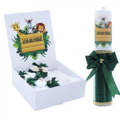 Set cutie trusou cu lumanare, 9 piese, Safari "Azi m-am crestinat!", verde inchis, Recostore, REC2414