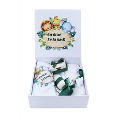 Set cutie trusou cu lumanare, 9 piese, Safari "Cu drag de la nasi", verde inchis, REC2415