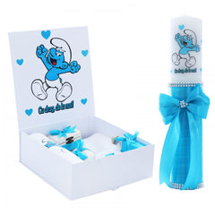 Set cutie trusou cu lumanare, 9 piese, Strumfi "Cu drag de la nasi", turcoaz, REC2411