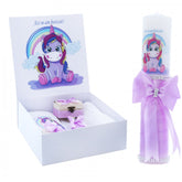 Set cutie trusou cu lumanare, 9 piese, Unicorn "Cu drag de la nasi", lila, REC2416