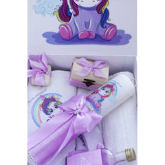 Set cutie trusou cu lumanare, 9 piese, Unicorn "Cu drag de la nasi", lila, REC2416