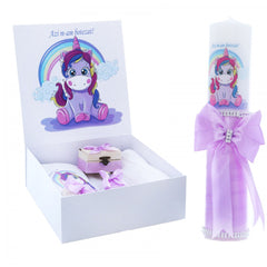 Set cutie trusou cu lumanare, 9 piese, Unicorn "Cu drag de la nasi", lila, REC2416