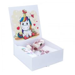 Set cutie trusou cu lumanare, 9 piese, Unicorn "Cu drag de la nasi", roz pudrat, Recostore, REC2412