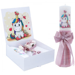 Set cutie trusou cu lumanare, 9 piese, Unicorn "Cu drag de la nasi", roz pudrat, Recostore, REC2412