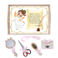 Set tava pentru taiere mot/turta la fete, model cu ingeras, roz, 6 piese, 35x20 cm, Recostore, REC1967/174