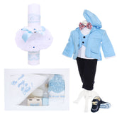 Set trusou complet botez de baieti, costum bleu, trusou brodat "Cu mult drag de la nasi", lumanare si pantofiori, 14 piese , Recostore, REC1871