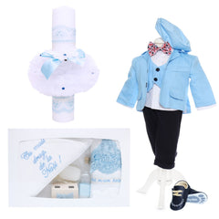 Set trusou complet botez de baieti, costum bleu, trusou brodat "Cu mult drag de la nasi", lumanare si pantofiori, 14 piese , Recostore, REC1871