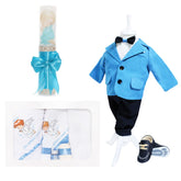 Set trusou complet pentru botez de baieti, 13 piese, costum turcoaz, lumanare cu ingeras, trusou imprimat cu ingeras si pantofiori din piele ecologica, REC2473