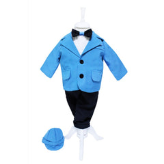 Set trusou complet pentru botez de baieti, 13 piese, costum turcoaz, lumanare cu ingeras, trusou imprimat cu ingeras si pantofiori din piele ecologica, REC2473