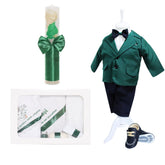 Set trusou complet pentru botez de baieti, 13 piese, costum verde, lumanare cu ingeras, trusou imprimat cu ingeras si pantofiori din piele ecologica, REC2472