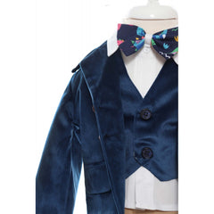 Set trusou complet pentru botez de baieti, 14 piese, costum bleumarin din catifea, lumanare cu ursulet, trusou brodat cu ursulet si pantofiori din piele ecologica, REC2480