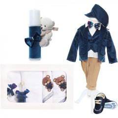 Set trusou complet pentru botez de baieti, 14 piese, costum bleumarin din catifea, lumanare cu ursulet, trusou brodat cu ursulet si pantofiori din piele ecologica, REC2480