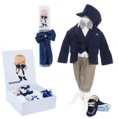 Set trusou complet pentru botez de baieti, 14 piese, costum bleumarin, lumanare cu Bebe Boss, trusou imprimat cu Bebe Boss si pantofiori din piele ecologica, REC2477