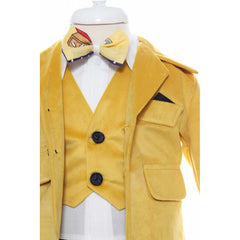 Set trusou complet pentru botez de baieti, 14 piese, costum galben din catifea, lumanare cu Winnie The Pooh, trusou imprimat cu Winnie The Pooh si pantofiori din piele ecologica, REC2479