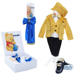 Set trusou complet pentru botez de baieti, 14 piese, costum galben din catifea, lumanare cu Winnie The Pooh, trusou imprimat cu Winnie The Pooh si pantofiori din piele ecologica, REC2479