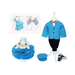 Set trusou complet pentru botez de baieti, 14 piese, costum turcoaz, lumanare cu ursulet, trusou brodat cu ursulet si pantofiori din piele ecologica, REC2471
