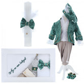 Set trusou complet pentru botez de baieti, tematica Print, 13 piese, costum brocart, lumanare, trusou, verde, REC2454