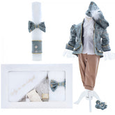 Set trusou complet pentru botez de baieti, tematica Print, 13 piese, costum catifea, lumanare, trusou, bleu, REC2456