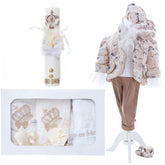 Set trusou complet pentru botez de baieti, tematica Print, 13 piese, costum catifea, lumanare, trusou, crem, REC2457