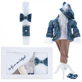 Set trusou complet pentru botez de baieti, tematica Print, 13 piese, costum catifea, lumanare, trusou, turcoaz, REC2455