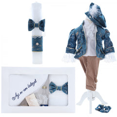 Set trusou complet pentru botez de baieti, tematica Print, 13 piese, costum catifea, lumanare, trusou, turcoaz, REC2455
