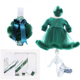 Set trusou complet pentru botez de fete, 10 piese, rochita, lumanare "Radacini si aripi" trusou imprimat cu ingeras, verde, REC2458