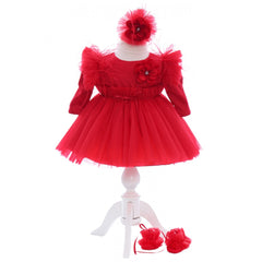 Set trusou complet pentru botez de fete, 10 piese, rochita rosie, lumanare cu "Radacini si aripi", trusou imprimat cu ingeras, REC2461