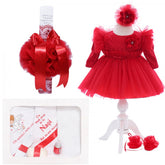 Set trusou complet pentru botez de fete, 10 piese, rochita rosie, lumanare cu "Radacini si aripi", trusou imprimat cu ingeras, REC2461