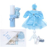 Set trusou complet pentru botez de fete, 11 piese, rochita bleu cu rijelina, lumanare cu usulet, trusou brodat Cu mult drag de la nasi, REC2467