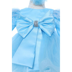 Set trusou complet pentru botez de fete, 11 piese, rochita bleu cu rijelina, lumanare cu usulet, trusou brodat Cu mult drag de la nasi, REC2467