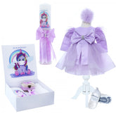 Set trusou complet pentru botez de fete, 11 piese, rochita lila cu rijelina, lumanare cu unicorn, trusou imprimat cu unicorn, REC2466