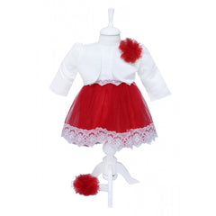 Set trusou complet pentru botez de fete, 11 piese, rochita rosie cu bolero, lumanare cu ursulet, trusou imprimat cu ursulet si pantofiori din piele ecologica, REC2481