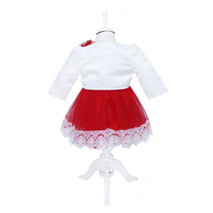Set trusou complet pentru botez de fete, 11 piese, rochita rosie cu bolero, lumanare cu ingeras, trusou imprimat cu ingeras, pantofiori piele ecologica, REC2475