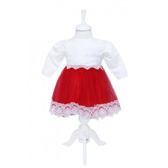 Set trusou complet pentru botez de fete, 11 piese, rochita rosie cu bolero, lumanare cu ingeras, trusou imprimat cu ingeras, pantofiori piele ecologica, REC2475