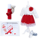 Set trusou complet pentru botez de fete, 11 piese, rochita rosie cu bolero, lumanare cu ursulet, trusou imprimat cu ursulet si pantofiori din piele ecologica, REC2481