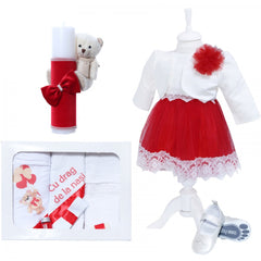 Set trusou complet pentru botez de fete, 11 piese, rochita rosie cu bolero, lumanare cu ursulet, trusou imprimat cu ursulet si pantofiori din piele ecologica, REC2481