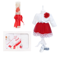 Set trusou complet pentru botez de fete, 11 piese, rochita rosie cu bolero, lumanare cu ingeras, trusou imprimat cu ingeras, pantofiori piele ecologica, REC2475