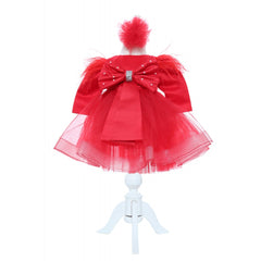 Set trusou complet pentru botez de fete, 11 piese, rochita rosie cu rijelina, lumanare cu radacini si aripi, trusou brodat Cu mult drag de la nasi, REC2468