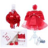 Set trusou complet pentru botez de fete, 11 piese, rochita rosie cu rijelina, lumanare cu radacini si aripi, trusou brodat Cu mult drag de la nasi, REC2468