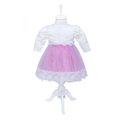 Set trusou complet pentru botez de fete, 11 piese, rochita roz cu bolero, lumanare cu ingeras, trusou imprimat cu ingeras, pantofiori piele ecologica, REC2474