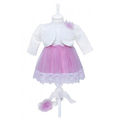 Set trusou complet pentru botez de fete, 11 piese, rochita roz cu bolero, lumanare cu ingeras, trusou imprimat cu ingeras, pantofiori piele ecologica, REC2474