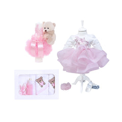 Set trusou complet pentru botez de fete, 11 piese, rochita roz cu rijelina, lumanare cu ursulet, trusou brodat cu ursulet, pantofiori piele ecologica, REC2470