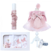 Set trusou complet pentru botez de fete, 11 piese, rochita roz pudrat cu rijelina, lumanare cu fluturi, trusou brodat cu fluturi, REC2469
