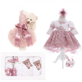 Set trusou complet pentru botez de fete, 11 piese, rochita roz pudrat, lumanare cu ursulet, trusou brodat cu Ursulet, REC2463