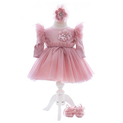 Set trusou complet pentru botez de fete, 11 piese, rochita roz pudrat, lumanare cu ursuleti, trusou brodat cu ursuleti, REC2460