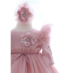 Set trusou complet pentru botez de fete, 11 piese, rochita roz pudrat, lumanare cu ursuleti, trusou brodat cu ursuleti, REC2460